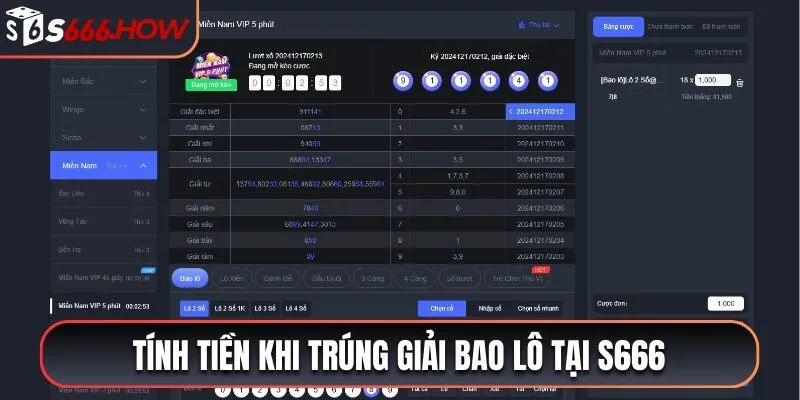 Tính tiền khi trúng giải bao lô tại S666